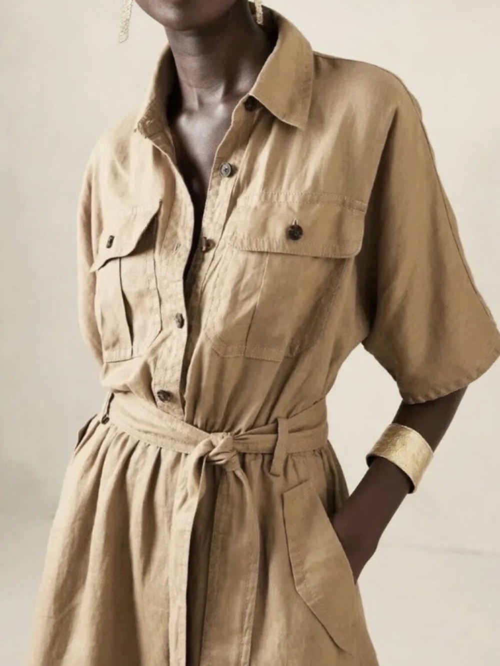 NWT Banana Republic Camel Colored Linen Utility Belted Jacket Dress Size Large